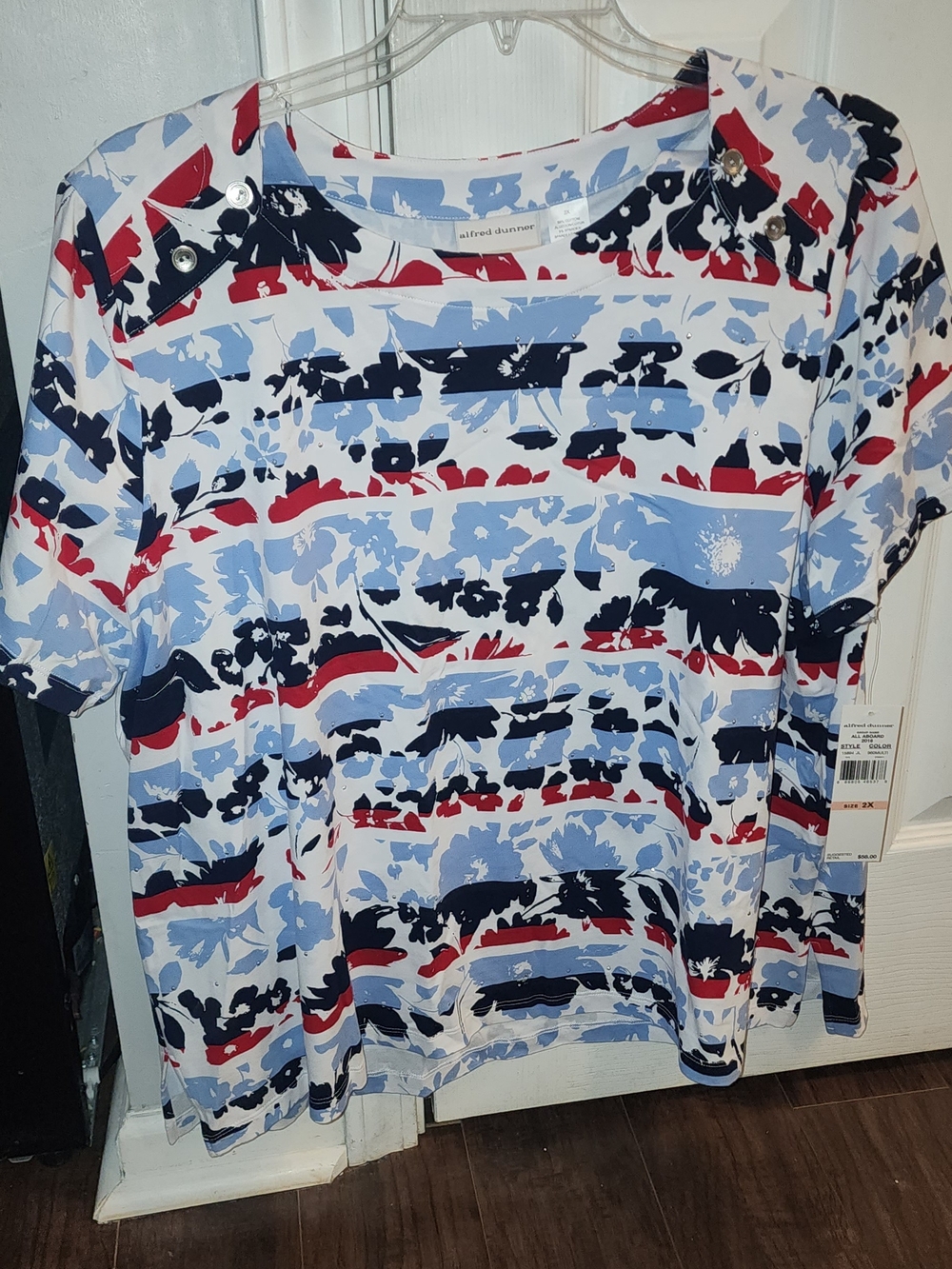 Alfred Dunner Navy, Light Blue & Red Floral Stripe Top
